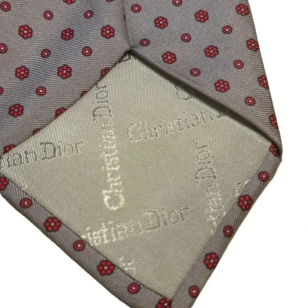 Christian Dior All Silk Men's Gray & Red Polka Dot Tie